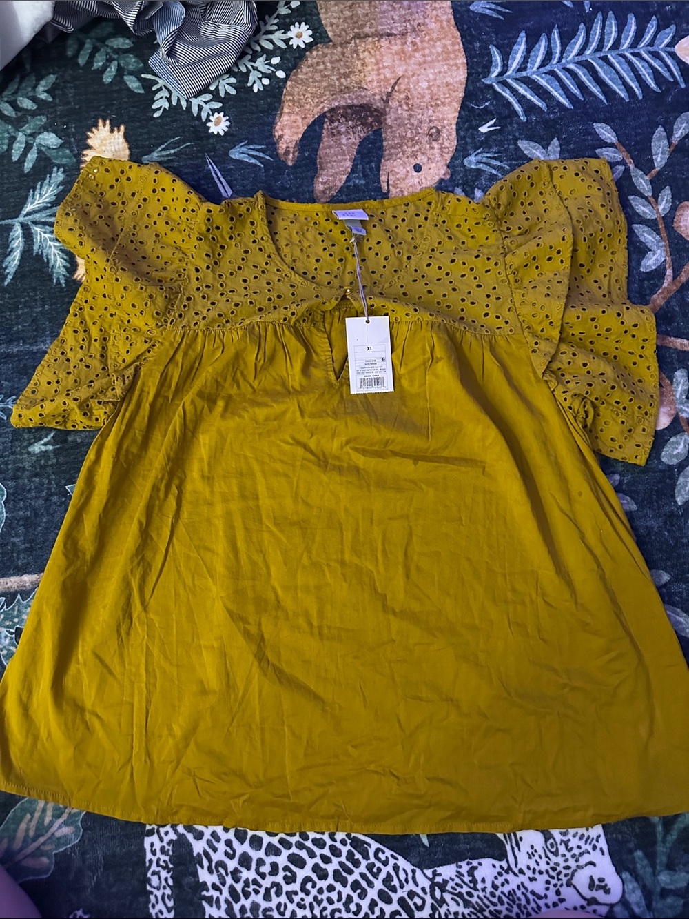 a new day Mustard Eyelet Flutter-Sleeve Blouse
